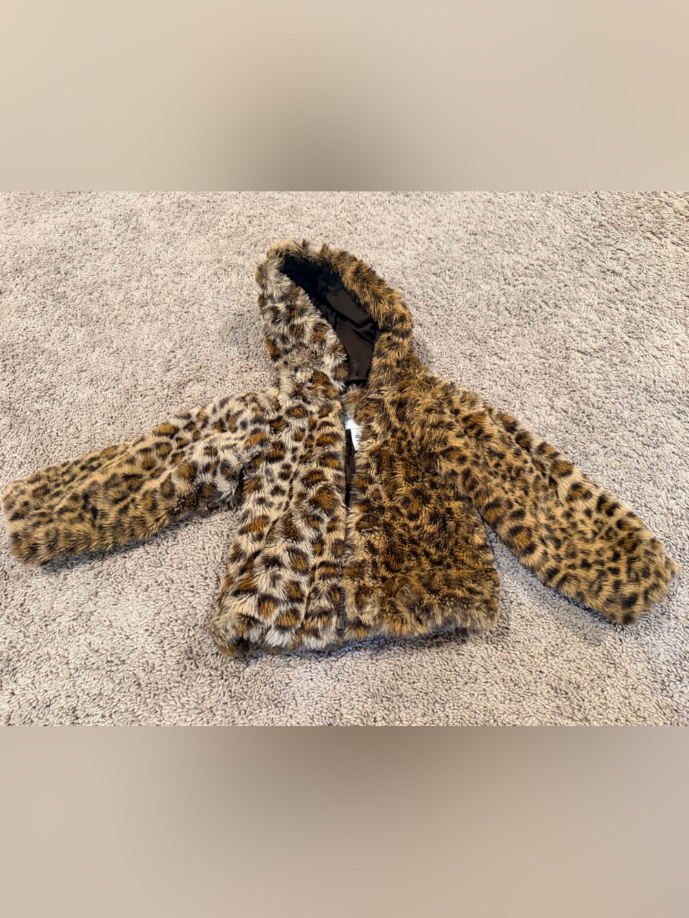 Girls' Leopard Faux-Fur Hooded Pea Coat - Brown